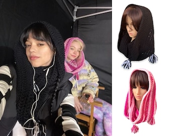 Handmade Wednesday Addams Inspired Snood Enid Crochet Snood. Black or Pink Infinity Scarf with Tassels. Nevermore Cowl. Friendship Snoods.