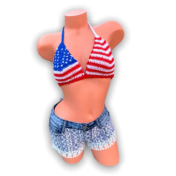 Red White Blue Crochet Halter Top. Patriotic Bikini Top. USA Flag