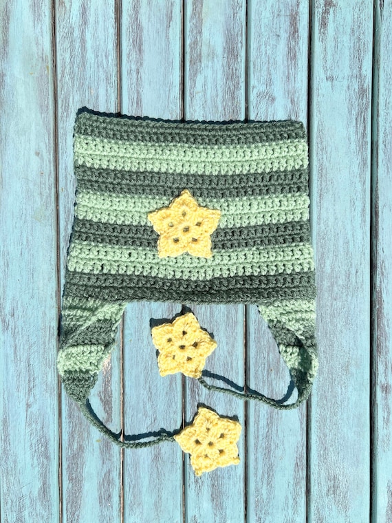 Beabadoobee Crochet Cat Ears Beanie. Dangling Flowers. Most Trending Striped Y2K Hat. Green and Yellow More Colors Available. Fancy Cat Hat.