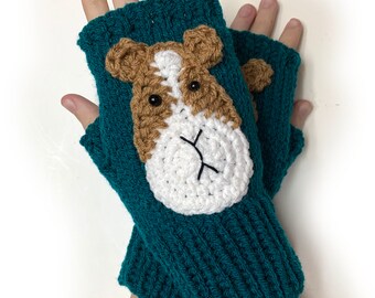 Guinea Pig Fingerless Gloves. Teal or 44 more Colors. Hand Knitted Animal Arm Warmers. Lovely Gift. Warm Accessory for Women and Teens.