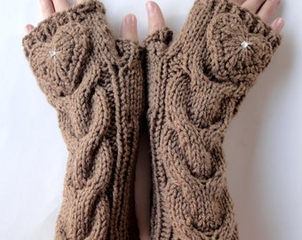 Heart Knitted Cabled Fingerless Gloves with Rhinestone Crystals. 44 Colors. Valentine Day Gift. Warm Accessory for Women and Teens.