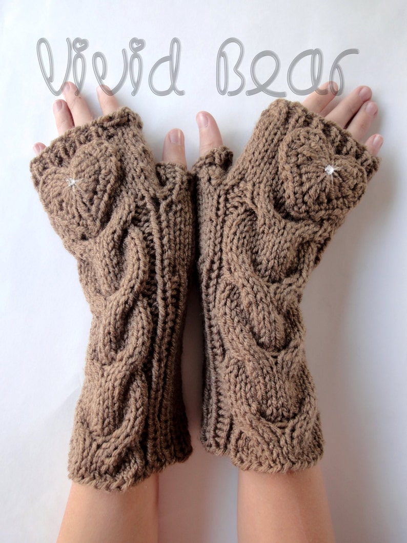 Heart Knitted Cabled Fingerless Gloves with Rhinestone Crystals. 44 Colors. Valentine Day Gift. Warm Accessory for Women and Teens. image 1