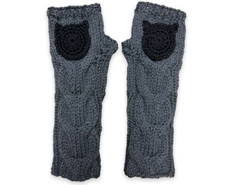 SALE! Ready to ship Hand Knit Cat Cable Fingerless Gloves. Charcoal and Black. Arm Warmers for Women and Teens.