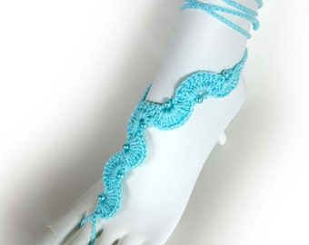 Lace Barefoot Sandals. Aqua or 23 colors. Curved Stripes with Pearls. Crochet Foot Jewelry. Beach Bridal Accessory. For Women. Set of 2 pcs