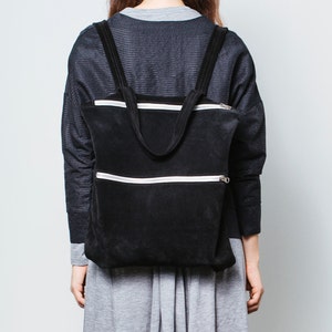 Mochila grande de ante negro,Bolso de ante hipster negro,Bolso de cuero negro grande,Mochila de cuero negro con cremallera