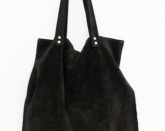 Large black suede bag,Black Suede leather tote bag, Black leather handbag