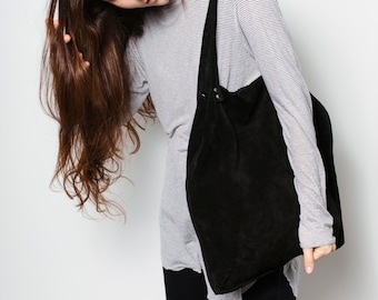 Black suede leather tote bag,Large black bag,Black shoulder suede tote bag