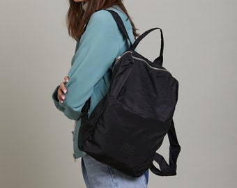 Vegan black zipper backpack, Non leather backpack, Black vegan bag, Non leather large laptop backpack