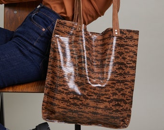 Printed brown leather tote bag,Brown Leather bag,Chocolate  printed brown leather shoulder bag,Women brown handbag