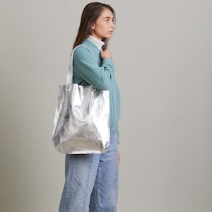 Silver leather tote, Silver tote bag, Silver handbag, Silver tote for women