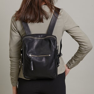 Mochila de cuero negra, Mochila mediana negra, Mochila suave con cremallera negra