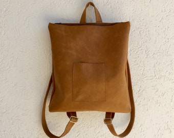 Brown leather backpack, Brown zipper backpack, Medium brown leather backpack , Women leather backpack brown