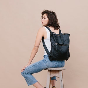Black leather backpack,Convertible backpack,Big black hipster bag,Unisex leather bag,zipper laptop backpack