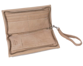 Cartera de cuero Biege, billetera Biege, billetera de mujer grande, bolso de cuero Biege