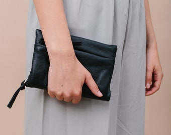 Cartera de cuero negro, Cartera de cuero negro con cremallera, Cartera de mujer negra, Monedero con cremallera negro, Cartera de ranuras