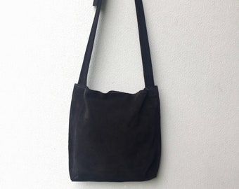 Black suede leather bag, Black suede bag, Black suede crossbody bag, Black suede messenger bag