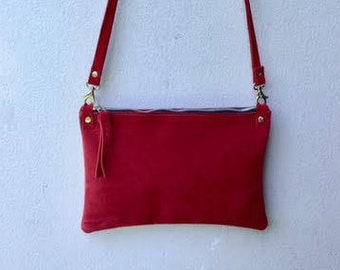 Bolso de ante burdeos para mujer, bolso de ante rojo para mujer, bolso con cremallera de cuero rojo, regalo para ella