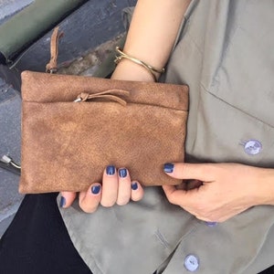 Cartera de cuero marrón, Cartera de cremallera de cuero marrón, Cartera de mujer marrón, Monedero de cremallera marrón, Cartera de ranuras imagen 1