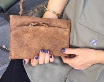 Cartera de cuero marrón, Cartera de cremallera de cuero marrón, Cartera de mujer marrón, Monedero de cremallera marrón, Cartera de ranuras