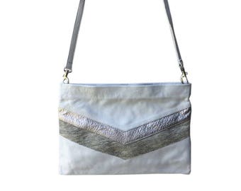 White leather clutch,White Crossbody leather bag,Silver Leather handbag,White chevron bag