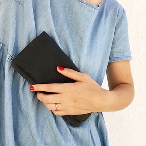 Cartera grande de cuero negro, cartera de dinero de mujer de cuero negro, cartera de tarjeta de crédito, cartera de cuero con cremallera, chequera y monedero de cuero de monedas imagen 6