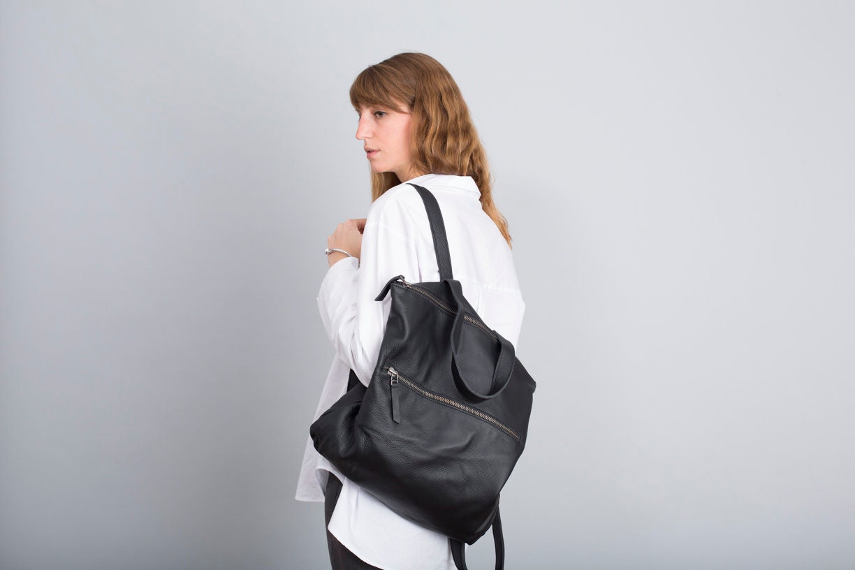 Black Leather Backpackblack Shoulder Bagbig Black Leather - Etsy