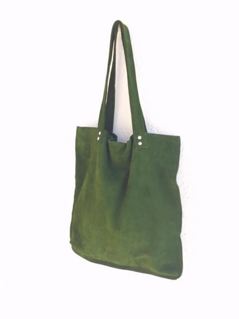 Green suede tote,Green leather bag,Green suede bag,Soft green shoulder bag,Green handbag image 1