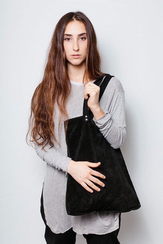 Large Black Suede Bag,black Suede Leather Tote Bag, Black