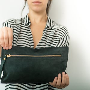 Large dark blue leather clutch,Blue Suede Leather purse,Zipper pouch,Gift for women,Free shipping