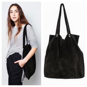 high class tote bag／suede black Black Suede Leather Tote Bag,large Black Bag,black Shoulder
