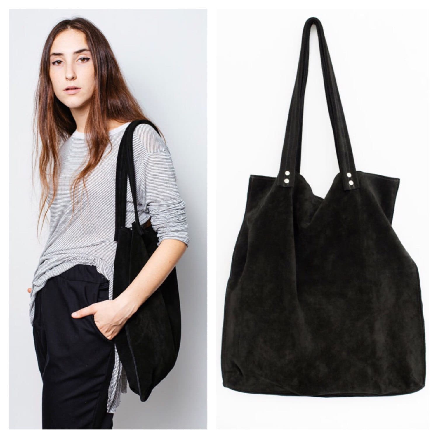 Black suede leather tote bag Large Black bag black shoulder suede tote bag
