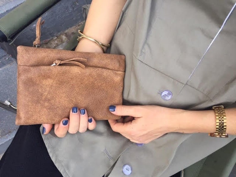 Cartera de cuero marrón, Cartera de cremallera de cuero marrón, Cartera de mujer marrón, Monedero de cremallera marrón, Cartera de ranuras imagen 1