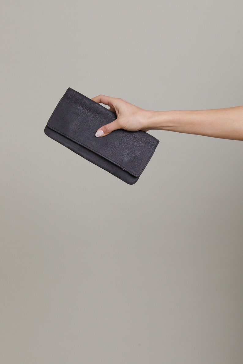 Cartera grande de cuero negro, cartera de dinero de mujer de cuero negro, cartera de tarjeta de crédito, cartera de cuero con cremallera, chequera y monedero de cuero de monedas imagen 1