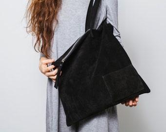 Große schwarze Wildlederhandtasche, Reißverschluss schwarze Wildledertasche, schwarze Wildledertasche