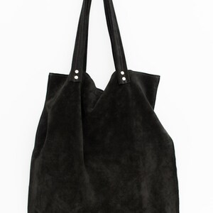 Black suede leather tote bag,Large black bag,Black shoulder suede tote bag image 2
