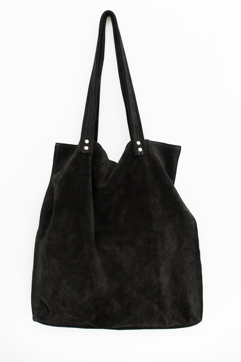 Black suede leather tote bag,Large black bag,Black shoulder suede tote bag image 2