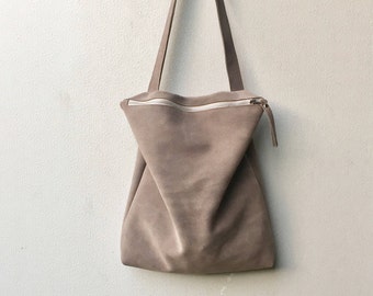 Gray suede bag,Gray leather tote,Gray leather bag,Gray suede handbag,Gray zipper bag