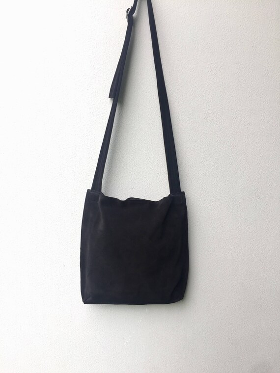 black suede messenger bag