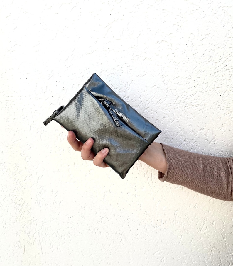 Cartera con cremallera gris vegana, Cartera de dinero gris vegana, Cartera de mujer vegana, Monedero gris con cremallera vegana imagen 6