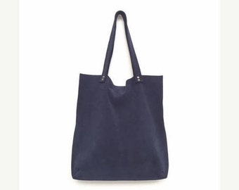 Blue suede tote,Navy shoulder bag,Blue suede bag,Dark blue leather bag,Soft blue handbag