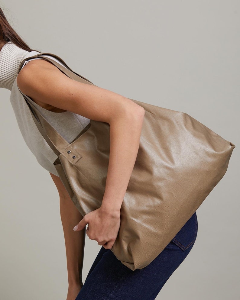 Non Leather hobo bag,Camel soft shoulder bag,Beige vegan bag,Hobo vegan handbag, two sides bag image 1