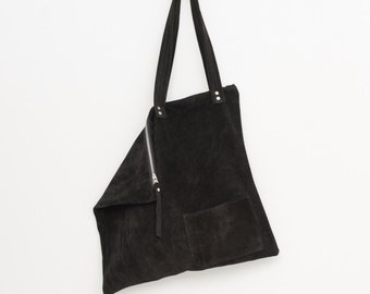 Black oversized suede tote bag,Large black tote bag,Zipper black leather tote,Black suede bag,Black leather shoulder bag