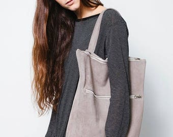 Large gray suede backpack,Gray leather backpack,Big suede shoulder bag,Gray leather bag