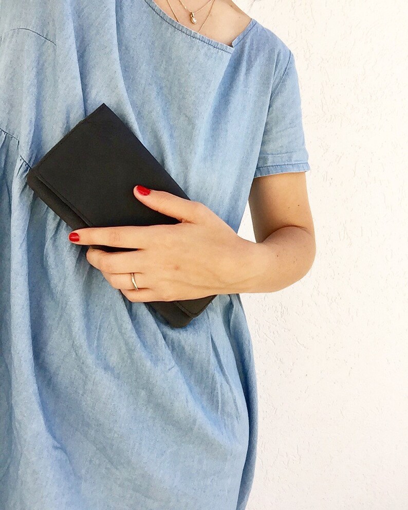 Cartera grande de cuero negro, cartera de dinero de mujer de cuero negro, cartera de tarjeta de crédito, cartera de cuero con cremallera, chequera y monedero de cuero de monedas imagen 6