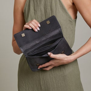 Cartera grande de cuero negro, cartera de dinero de mujer de cuero negro, cartera de tarjeta de crédito, cartera de cuero con cremallera, chequera y monedero de cuero de monedas imagen 3