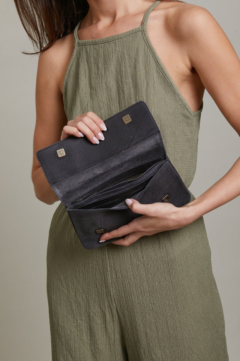 Cartera grande de cuero negro, cartera de dinero de mujer de cuero negro, cartera de tarjeta de crédito, cartera de cuero con cremallera, chequera y monedero de cuero de monedas imagen 3
