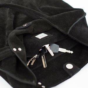 Black suede leather tote bag,Large black bag,Black shoulder suede tote bag image 3