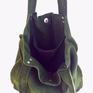 Green suede tote,Green leather bag,Green suede bag,Soft green shoulder bag,Green handbag image 3