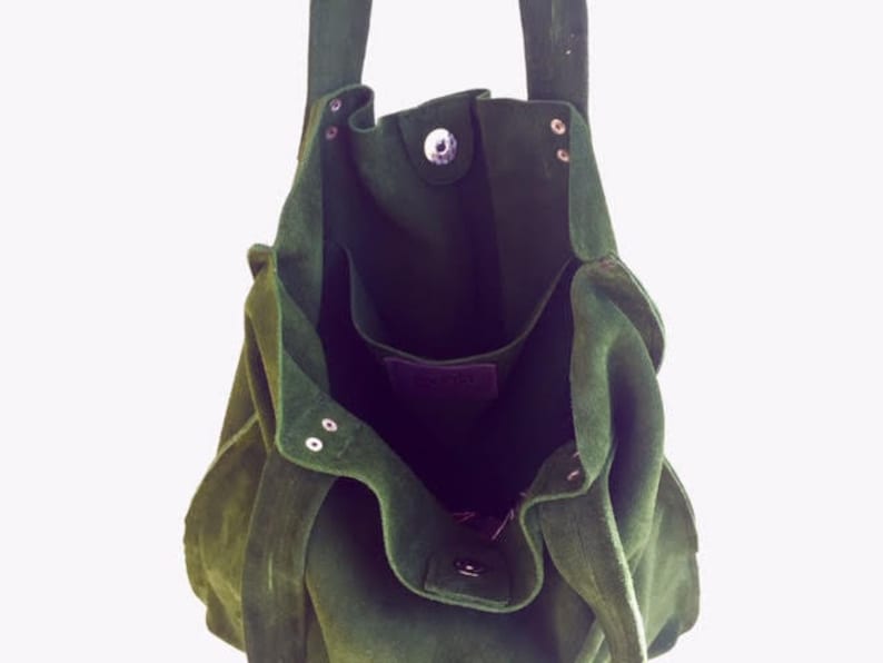 Green suede tote,Green leather bag,Green suede bag,Soft green shoulder bag,Green handbag image 3