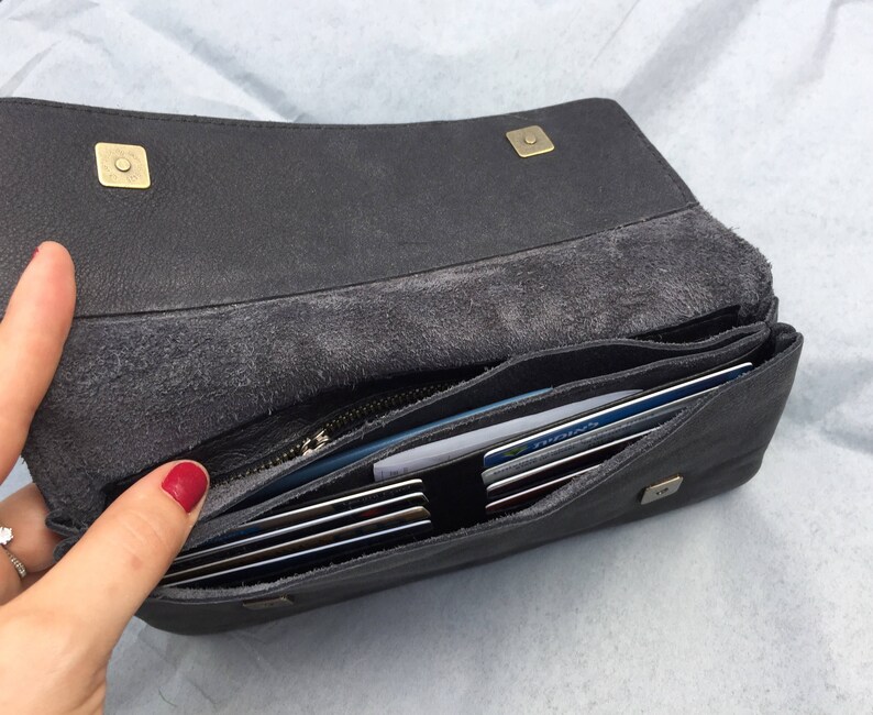 Cartera grande de cuero negro, cartera de dinero de mujer de cuero negro, cartera de tarjeta de crédito, cartera de cuero con cremallera, chequera y monedero de cuero de monedas imagen 7